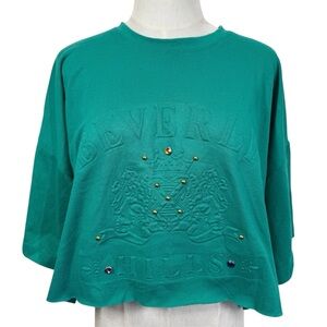 Vintage Kavio Beverly Hills Embossed Studded Rhinestone Crop Oversize Tee O/S